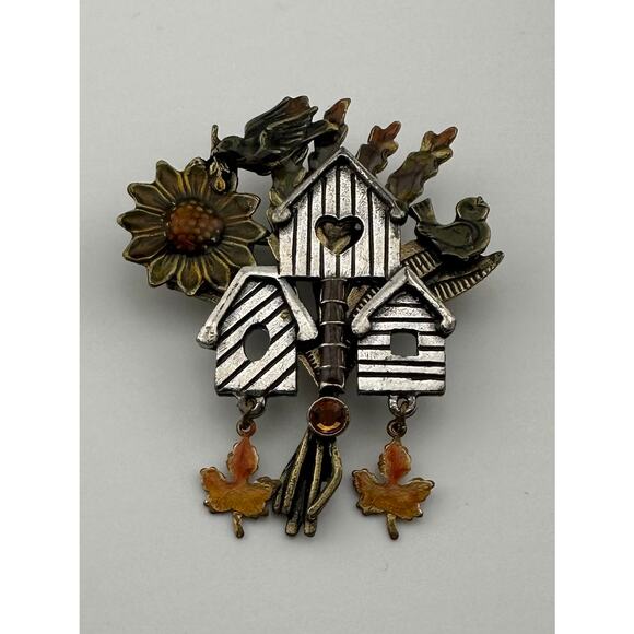 Vinyage Signed KC Kenneth Cole Birdhouse Brooch Sunflower Leaves Bird Fall - Picture 1 of 8